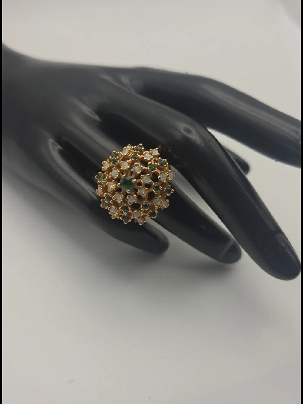 Vintage Cocktail Aurora Cluster Ring 18k HGE Opals and Green Crystals Size 8